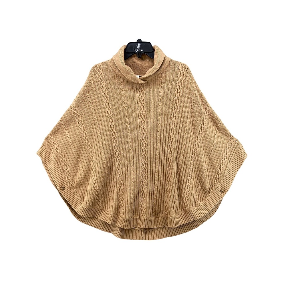 Talbots‎ Poncho Sweater Womens L/XL Tan Cable Knit Cowl Neck Side Button Cape